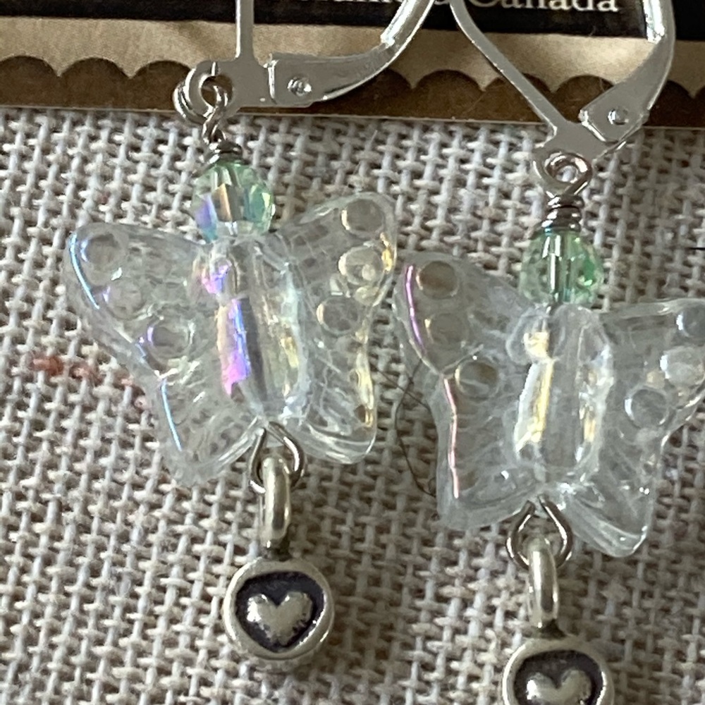 Glass Butterfly Sterling Silver Heart Charm Silver 925 Lever Back Drop Earrings